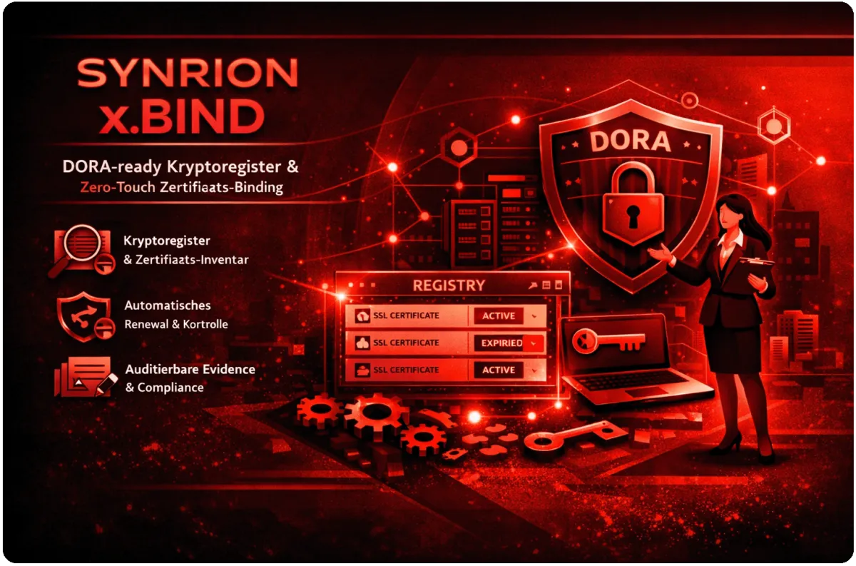 SYNRION x.BIND erfüllt DORA-Anforderungen durch Kryptoregister, automatisiertes Zertifikats-Binding, proaktives Renewal und auditierbare Compliance-Nachweise.